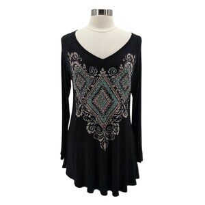 Vocal Womens Large Top Tunic Rhinestone Studded Graphic Hippie Western Bling